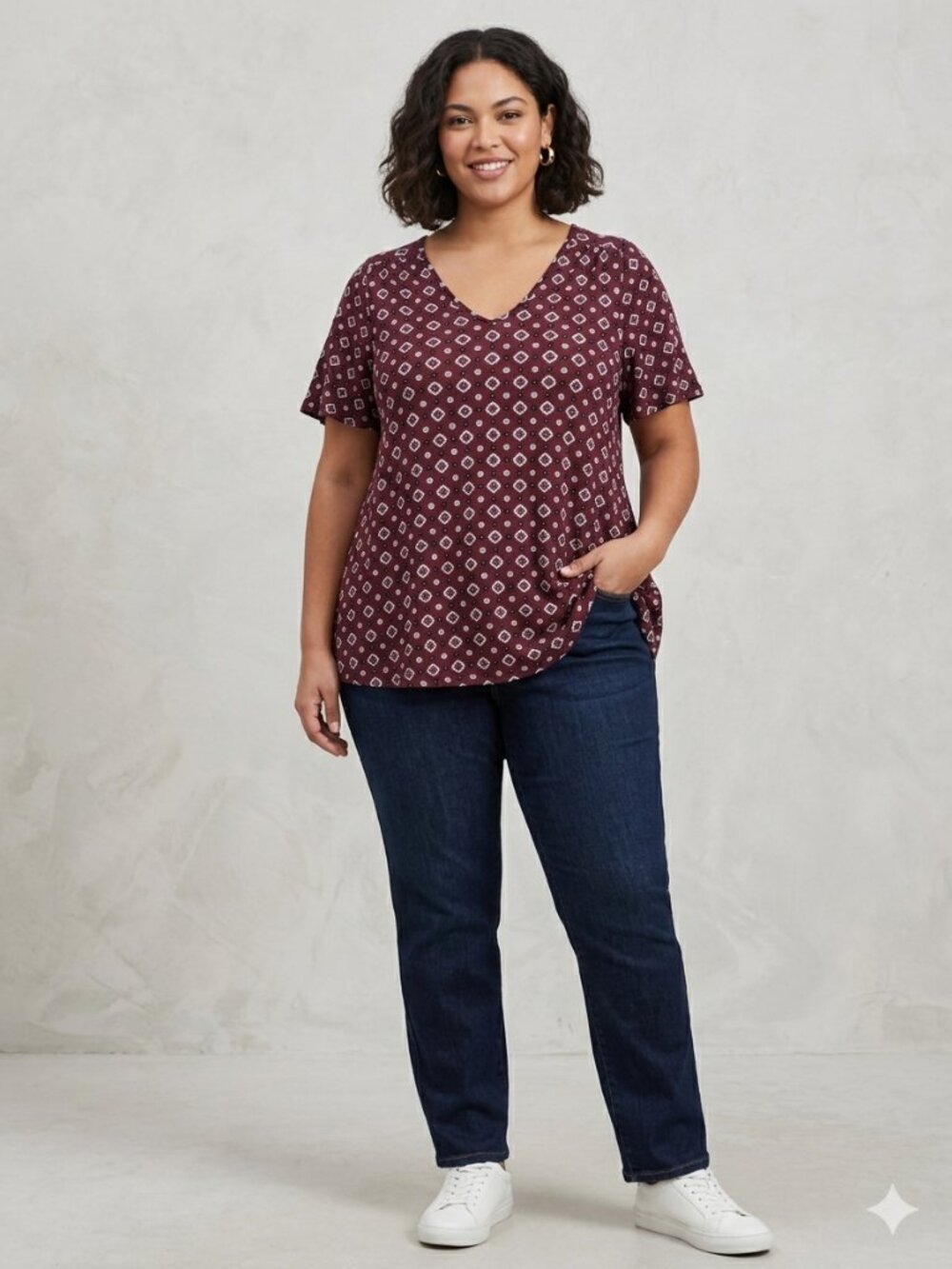 Lane Bryant Women’s V-Neck Burgundy Short Sleeve Medallion Print Top Size 14/16